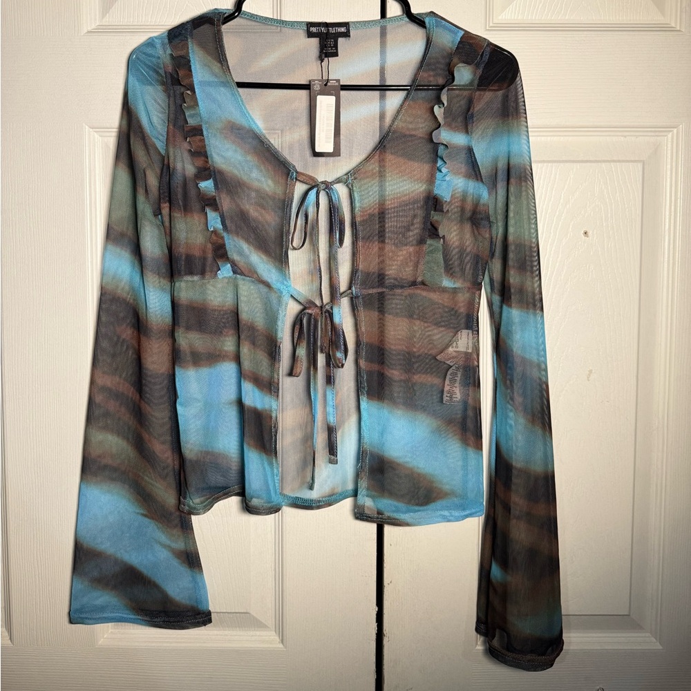 PrettyLittleThing Blue and Brown Sheer Tie-Front Blouse